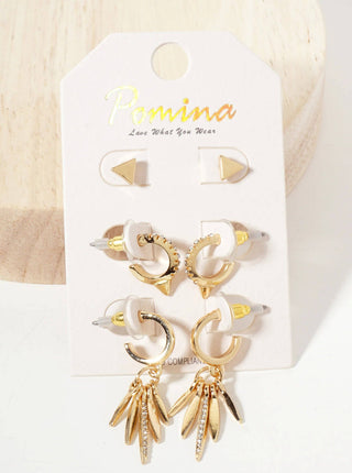 3PC - Set Crystal - Pave Polished Metal Huggie Hoop Stud Earrings - Rise and Redemption