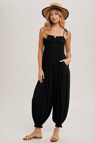 GAUZE SMOCKED BUTTON FRONT SHOULDER TIE JUMPSUIT