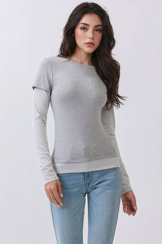 JT57815L - LAYERED STRIPEY LONG SLEEVE TOP: H. GREY H.GREY SOFT WHITE / S-M-L/2-2-2