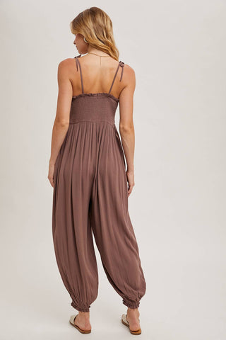 GAUZE SMOCKED BUTTON FRONT SHOULDER TIE JUMPSUIT