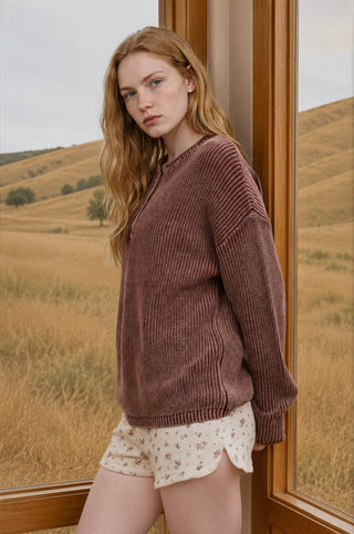 WASHED RIBBED HENLEY DROP SHOULDER KNIT SWEATER