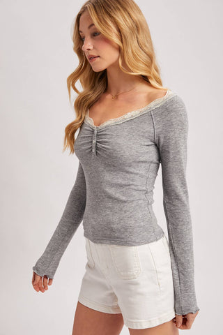 LACE TRIM BUTTON DOWN HENLEY KNIT TOP