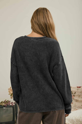 WASHED RIBBED HENLEY DROP SHOULDER KNIT SWEATER