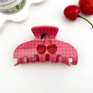 🍒 Cherry Checkered Hair Claw – Cute Fruit PVC Print Clip