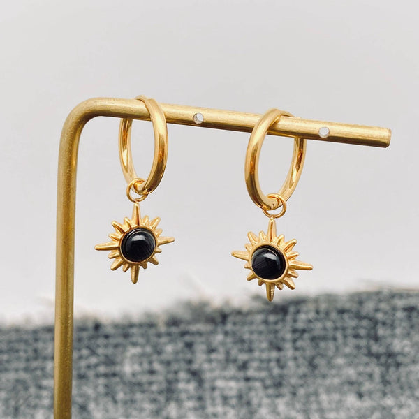 FGS - Cat's Eye Stone Sun Charm 18K Gold Plated SS Earrings