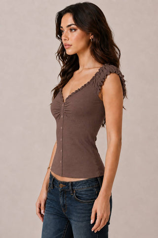 JK58082 - BUTTON DOWN FRIL DETAIL TANK TOP