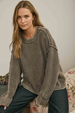 WASHED RIBBED LONG SLEEVE FOLDED CUFF KNIT SWEATER