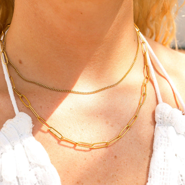 18K Gold Stainless Steel Dainty Curb and Paperclip Layered Chain Necklace