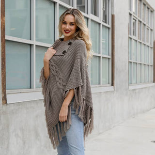 Turtleneck Cable Knit Poncho With Tassels