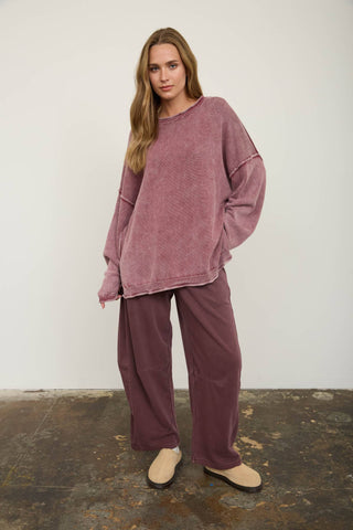 WASHED RAW EDGE CREW NECK DROP SLEEVE SWEATER