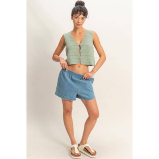 Elastic Waist Mineral Wash Denim Shorts
