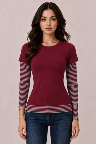 JT57815L - LAYERED STRIPEY LONG SLEEVE TOP: BLACK MEDIUM BURGUNDY BLACK / S-M-L/2-2-2