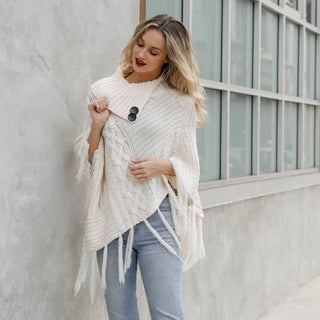 Turtleneck Cable Knit Poncho With Tassels