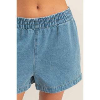 Elastic Waist Mineral Wash Denim Shorts