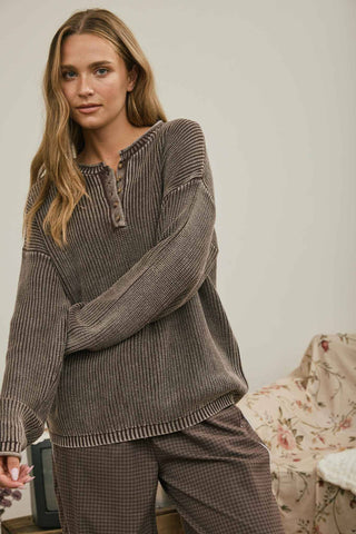 WASHED RIBBED HENLEY DROP SHOULDER KNIT SWEATER