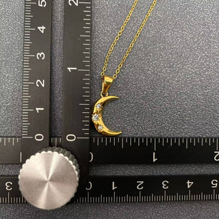 Inlaid CZ Moon Charm 18K Golden S.Steel Necklace