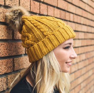 Cable Knit Beanie With Faux Fur Pom