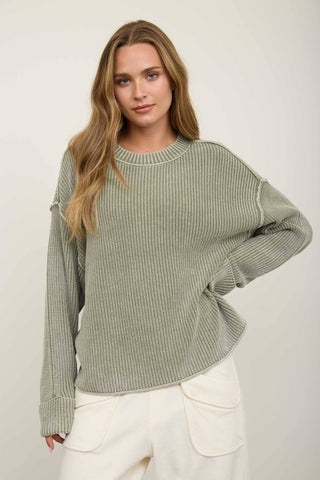 WASHED RIBBED LONG SLEEVE FOLDED CUFF KNIT SWEATER