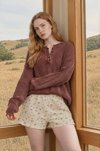 WASHED RIBBED HENLEY DROP SHOULDER KNIT SWEATER