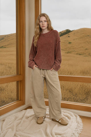 WASHED RIBBED LONG SLEEVE FOLDED CUFF KNIT SWEATER