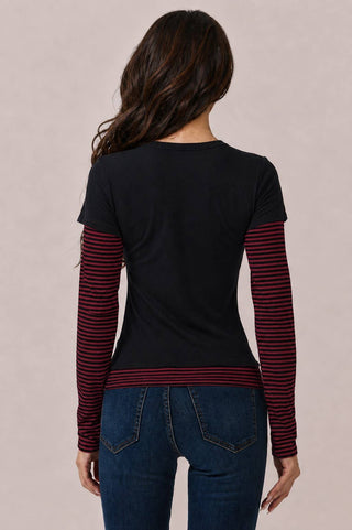 JT57815L - LAYERED STRIPEY LONG SLEEVE TOP: H. GREY H.GREY SOFT WHITE / S-M-L/2-2-2