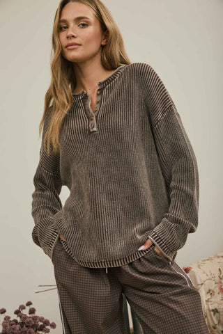 WASHED RIBBED HENLEY DROP SHOULDER KNIT SWEATER