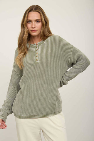WASHED RIBBED HENLEY DROP SHOULDER KNIT SWEATER