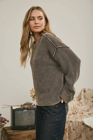 WASHED RIBBED LONG SLEEVE FOLDED CUFF KNIT SWEATER