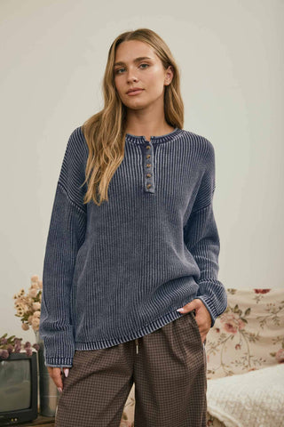 WASHED RIBBED HENLEY DROP SHOULDER KNIT SWEATER