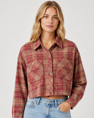 Women’s Plaid Double Pocket Cropped Shirt