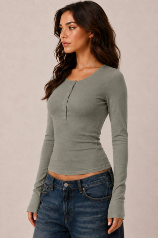 JT57726L - LONG SLEEVE CREW NECK BUTTON HENLEY TOP