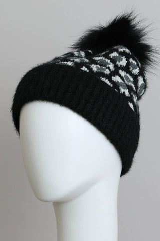 Leopard Knit Beanie with Pom Pom