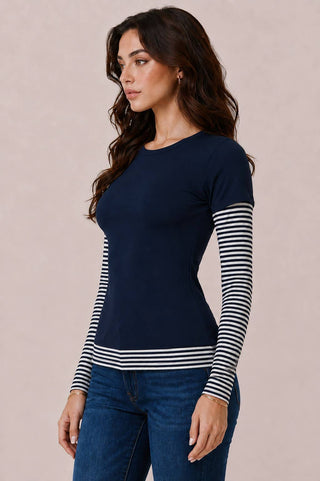JT57815L - LAYERED STRIPEY LONG SLEEVE TOP: BLACK MEDIUM BURGUNDY BLACK / S-M-L/2-2-2