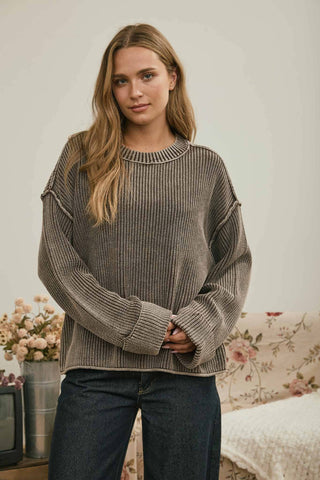 WASHED RIBBED LONG SLEEVE FOLDED CUFF KNIT SWEATER