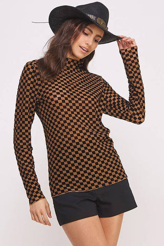 Long Sleeve Checkered Mesh Top