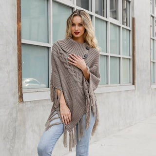 Turtleneck Cable Knit Poncho With Tassels