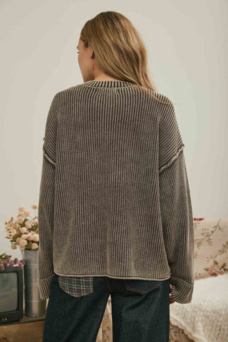 WASHED RIBBED LONG SLEEVE FOLDED CUFF KNIT SWEATER