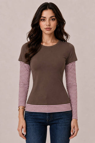 JT57815L - LAYERED STRIPEY LONG SLEEVE TOP: BLACK MEDIUM BURGUNDY BLACK / S-M-L/2-2-2