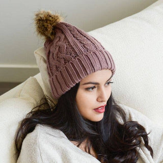 Cable Knit Beanie With Faux Fur Pom