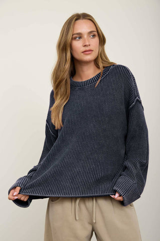 WASHED RIBBED LONG SLEEVE FOLDED CUFF KNIT SWEATER