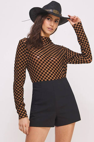 Long Sleeve Checkered Mesh Top