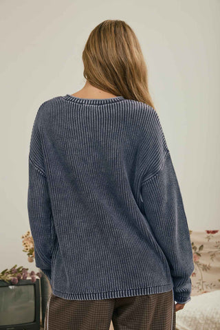 WASHED RIBBED HENLEY DROP SHOULDER KNIT SWEATER