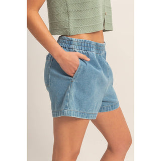 Elastic Waist Mineral Wash Denim Shorts