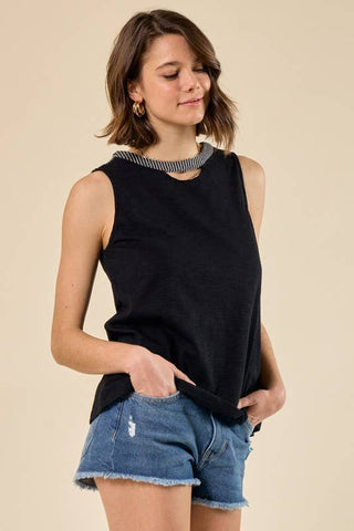 Slub Knit Cutout Muscle Tank, Woven Stripe Details