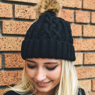Cable Knit Beanie With Faux Fur Pom