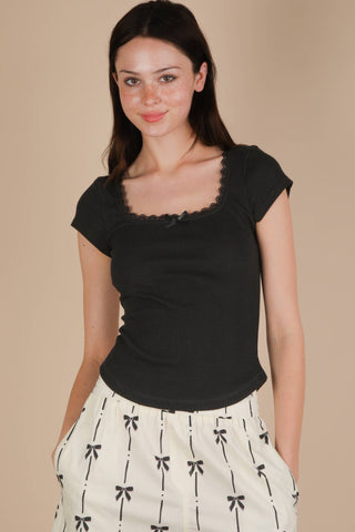 Lily Lace & Bow Trim Ribbed Knit Top