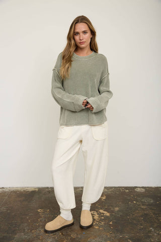 WASHED RIBBED LONG SLEEVE FOLDED CUFF KNIT SWEATER