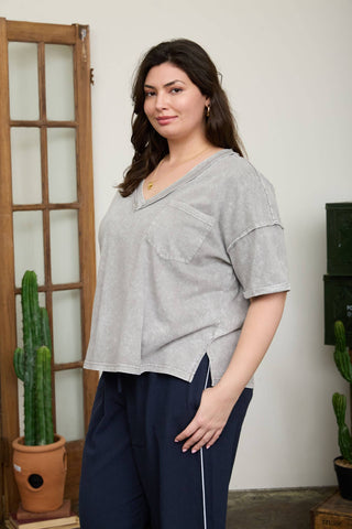 PLUS WASHED EXPOSED SEAM V NECK BOXY KNIT TOP