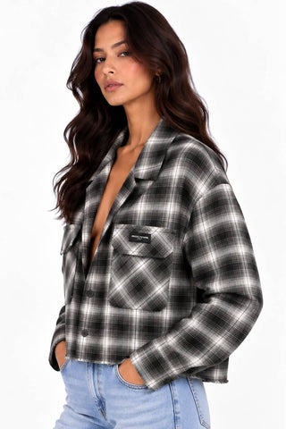 Oversized Raw Hem Crop Boyfriend Flannel Shacket