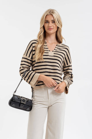 Stripe split neck sweater